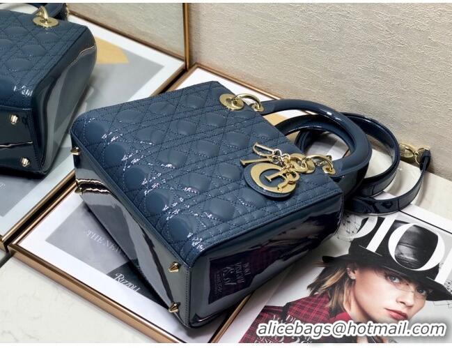 Buy Discount Dior Medium Lady Dior Bag in Cannage Patent Leather 44532 Blue/Gold 2024