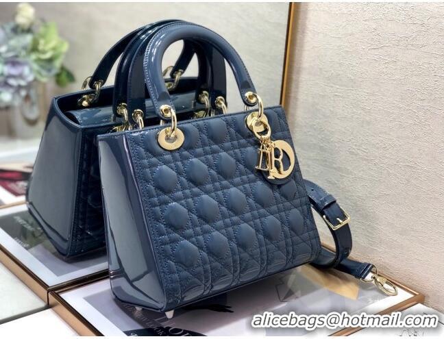 Buy Discount Dior Medium Lady Dior Bag in Cannage Patent Leather 44532 Blue/Gold 2024