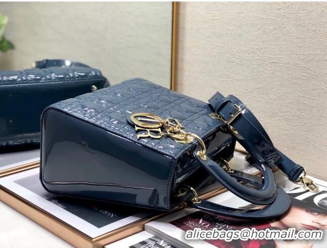 Buy Discount Dior Medium Lady Dior Bag in Cannage Patent Leather 44532 Blue/Gold 2024