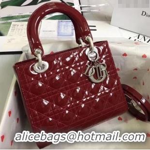 Market Sells Dior Medium Lady Dior Bag in Cannage Patent Leather 44532 Burgundy/Silver 2024