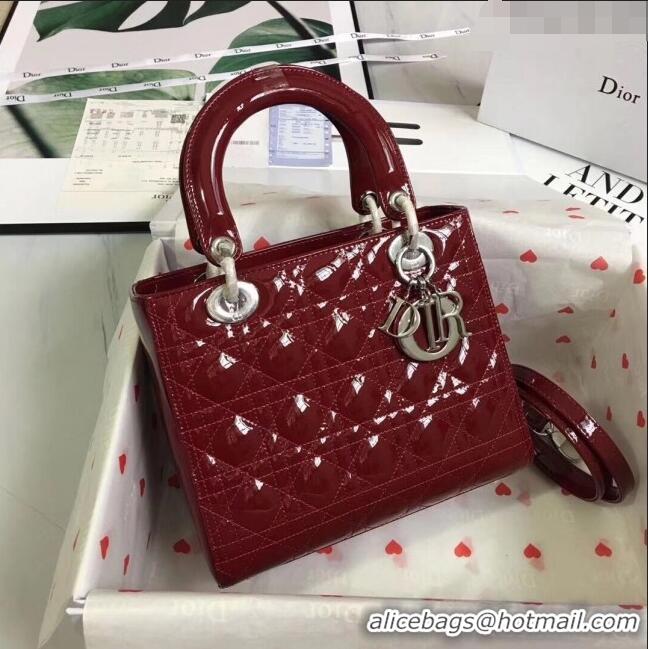 Market Sells Dior Medium Lady Dior Bag in Cannage Patent Leather 44532 Burgundy/Silver 2024