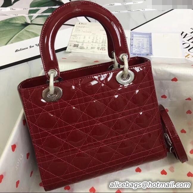 Market Sells Dior Medium Lady Dior Bag in Cannage Patent Leather 44532 Burgundy/Silver 2024