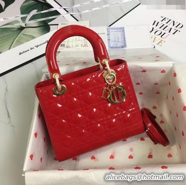 Buy Fashionable Dior Medium Lady Dior Bag in Cannage Patent Leather 44532 Red/Gold 2024