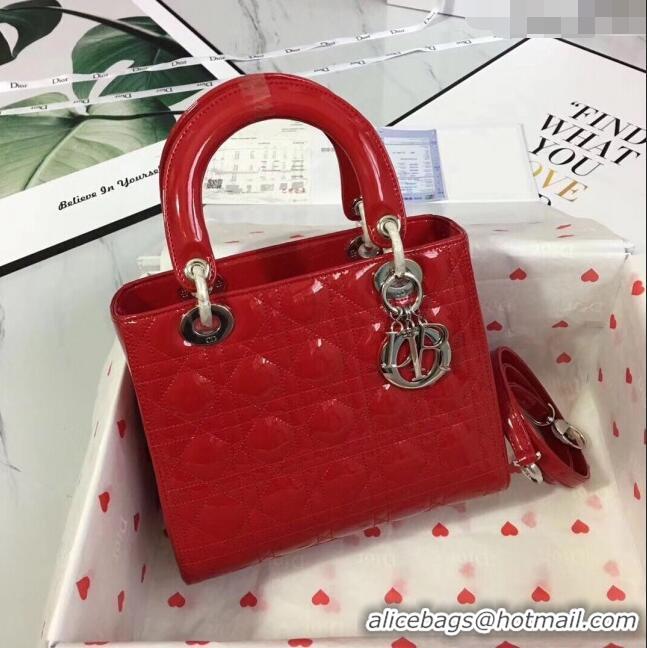 Good Taste Dior Medium Lady Dior Bag in Cannage Patent Leather 44532 Red/Silver 2024