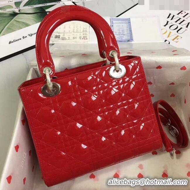 Good Taste Dior Medium Lady Dior Bag in Cannage Patent Leather 44532 Red/Silver 2024