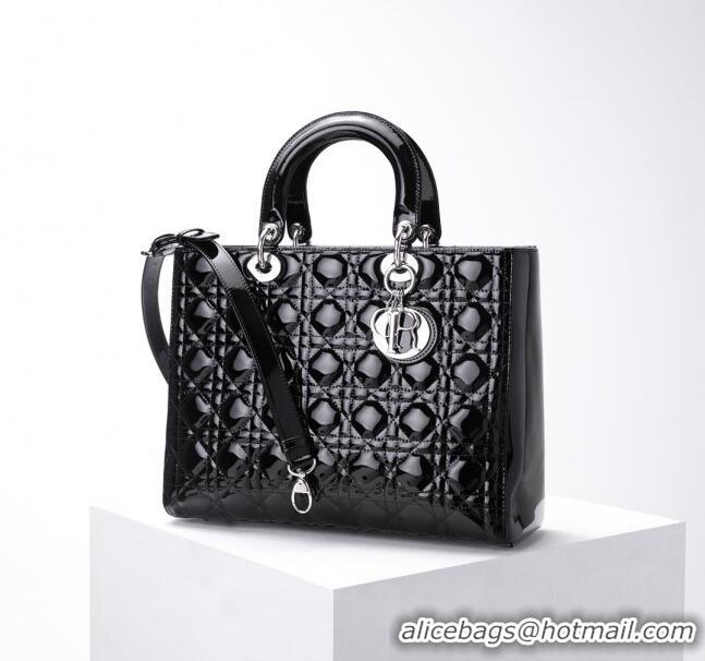 Unique Style Dior Large Lady Dior Bag in Patent Leather CD1817 Black/Silver 2024