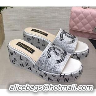 Sumptuous Chanel Crystals Allover Wedge Slide Sandals with Letters Silver 423012