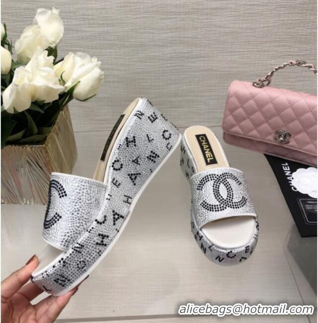 Sumptuous Chanel Crystals Allover Wedge Slide Sandals with Letters Silver 423012