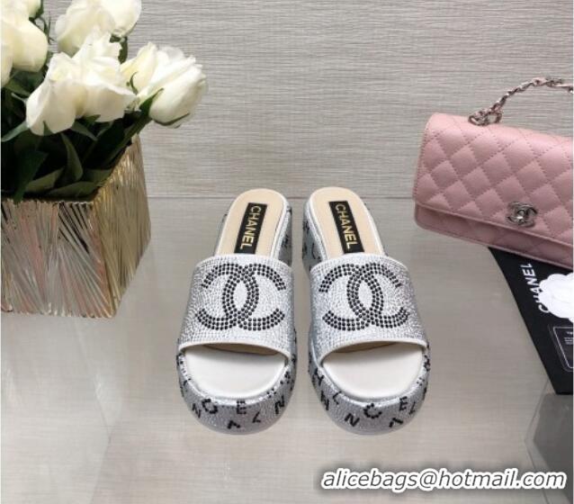 Sumptuous Chanel Crystals Allover Wedge Slide Sandals with Letters Silver 423012