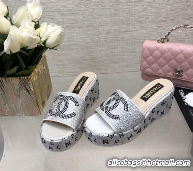 Sumptuous Chanel Crystals Allover Wedge Slide Sandals with Letters Silver 423012