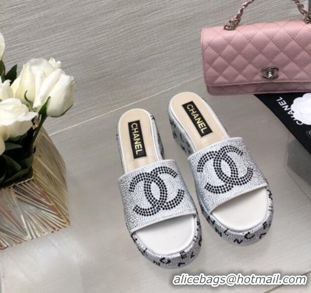 Sumptuous Chanel Crystals Allover Wedge Slide Sandals with Letters Silver 423012