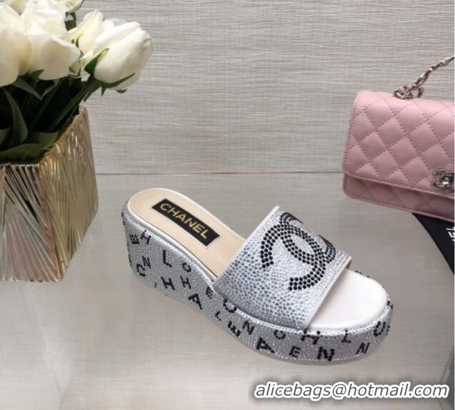 Sumptuous Chanel Crystals Allover Wedge Slide Sandals with Letters Silver 423012