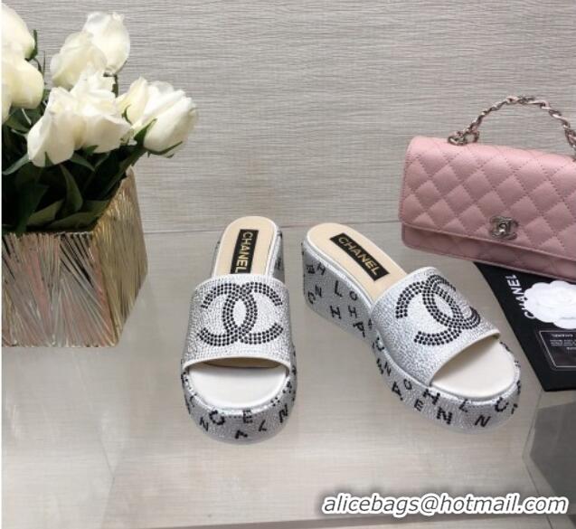 Sumptuous Chanel Crystals Allover Wedge Slide Sandals with Letters Silver 423012