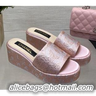 Sophisticated Chanel Crystals Allover Wedge Slide Sandals with Letters Pink 0423013