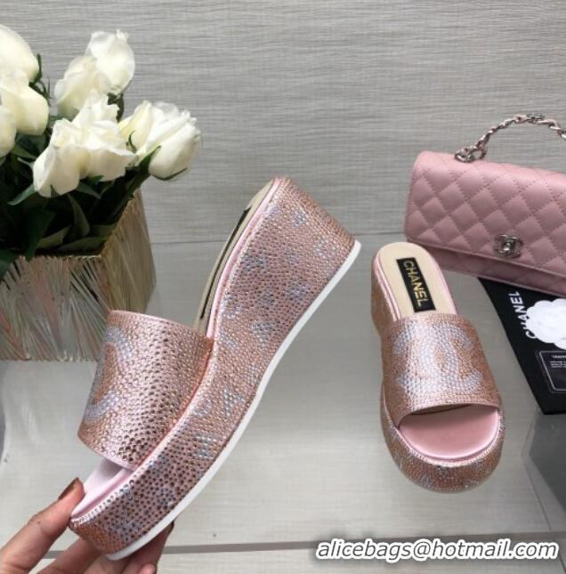 Sophisticated Chanel Crystals Allover Wedge Slide Sandals with Letters Pink 0423013