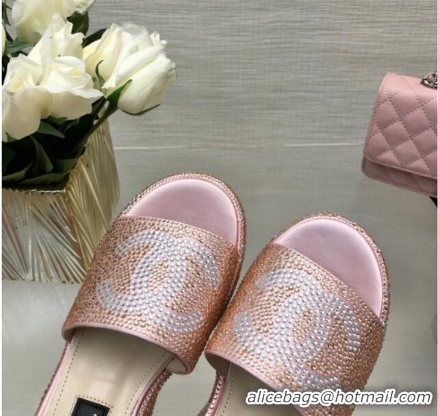 Sophisticated Chanel Crystals Allover Wedge Slide Sandals with Letters Pink 0423013