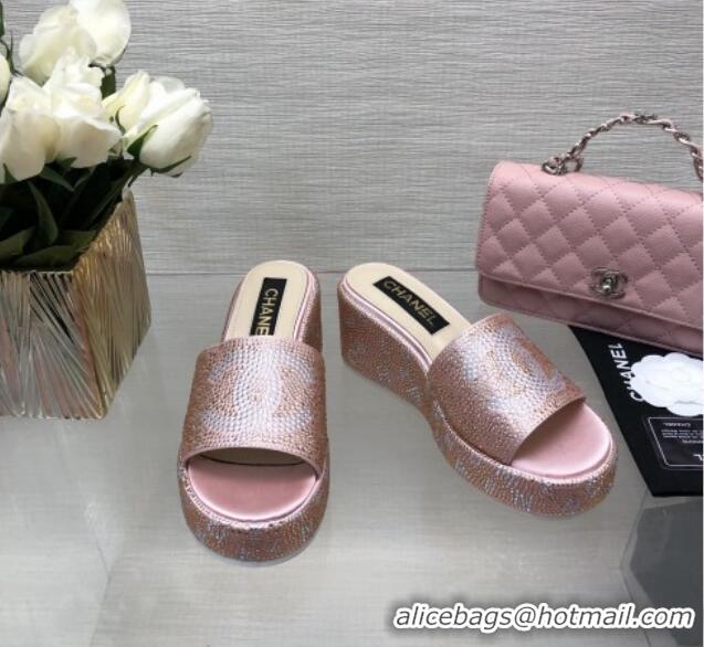 Sophisticated Chanel Crystals Allover Wedge Slide Sandals with Letters Pink 0423013