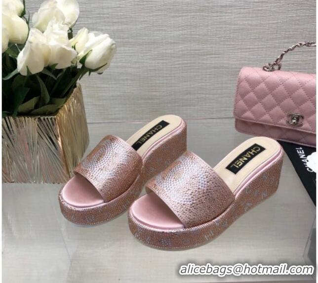 Sophisticated Chanel Crystals Allover Wedge Slide Sandals with Letters Pink 0423013