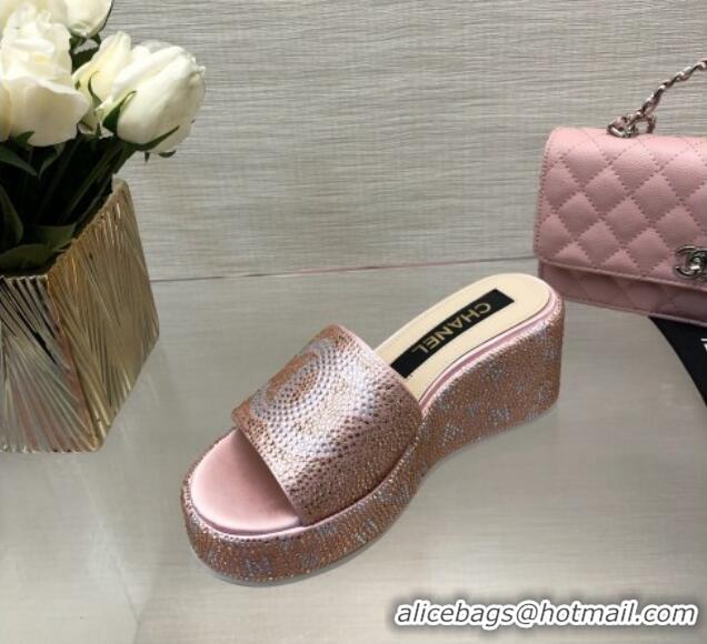 Sophisticated Chanel Crystals Allover Wedge Slide Sandals with Letters Pink 0423013