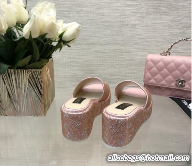 Sophisticated Chanel Crystals Allover Wedge Slide Sandals with Letters Pink 0423013