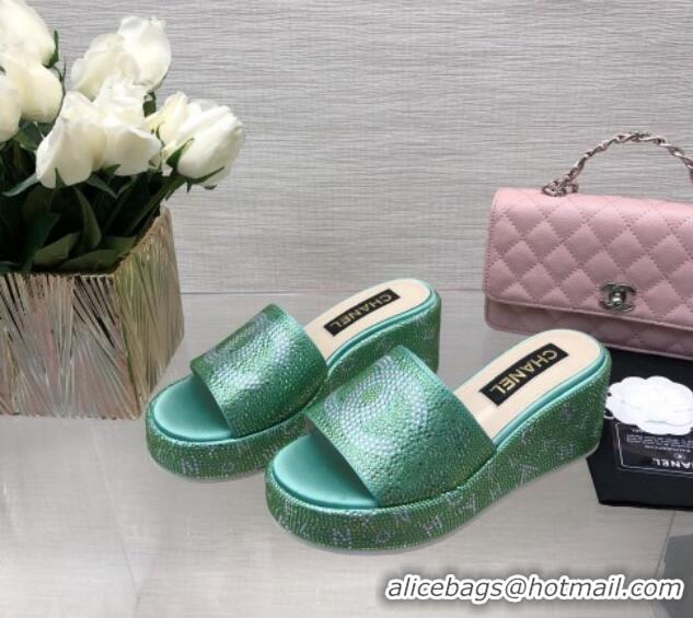 Duplicate Chanel Crystals Allover Wedge Slide Sandals with Letters Green 0423014