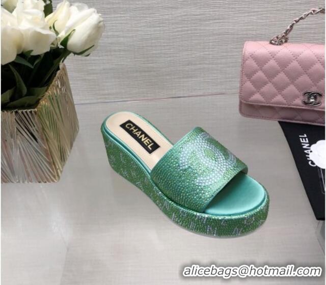 Duplicate Chanel Crystals Allover Wedge Slide Sandals with Letters Green 0423014