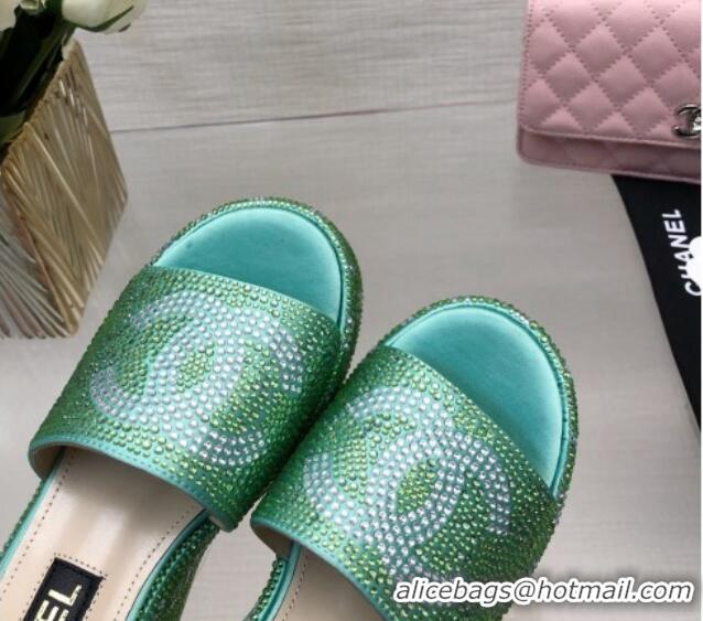 Duplicate Chanel Crystals Allover Wedge Slide Sandals with Letters Green 0423014