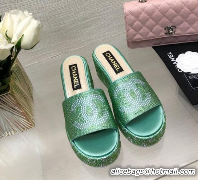 Duplicate Chanel Crystals Allover Wedge Slide Sandals with Letters Green 0423014