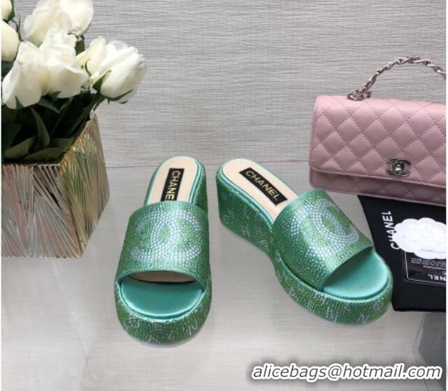 Duplicate Chanel Crystals Allover Wedge Slide Sandals with Letters Green 0423014