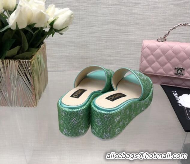 Duplicate Chanel Crystals Allover Wedge Slide Sandals with Letters Green 0423014