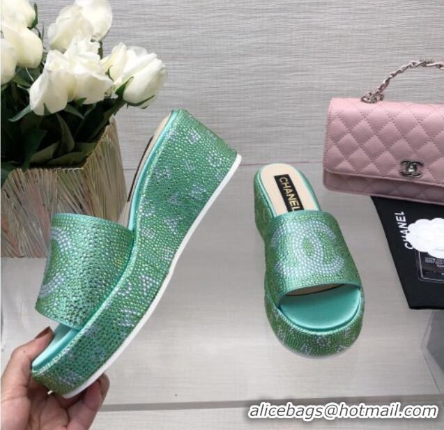 Duplicate Chanel Crystals Allover Wedge Slide Sandals with Letters Green 0423014