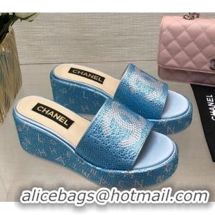 Charming Chanel Crystals Allover Wedge Slide Sandals with Letters Blue 0423015