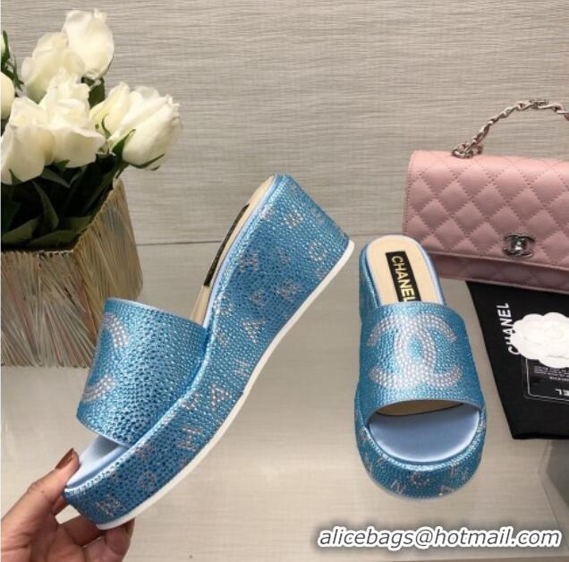 Charming Chanel Crystals Allover Wedge Slide Sandals with Letters Blue 0423015