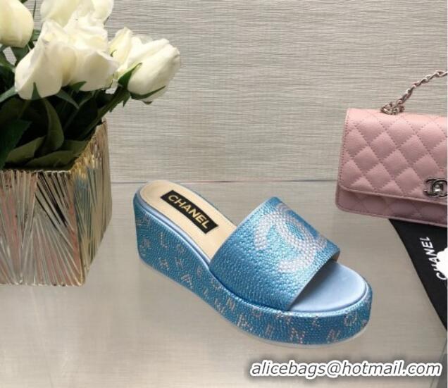 Charming Chanel Crystals Allover Wedge Slide Sandals with Letters Blue 0423015