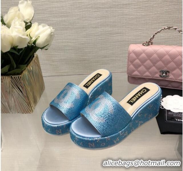 Charming Chanel Crystals Allover Wedge Slide Sandals with Letters Blue 0423015