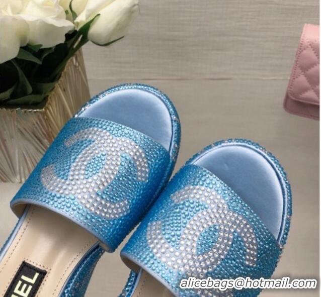 Charming Chanel Crystals Allover Wedge Slide Sandals with Letters Blue 0423015