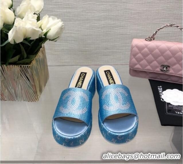 Charming Chanel Crystals Allover Wedge Slide Sandals with Letters Blue 0423015