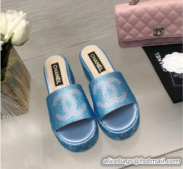 Charming Chanel Crystals Allover Wedge Slide Sandals with Letters Blue 0423015