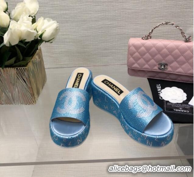 Charming Chanel Crystals Allover Wedge Slide Sandals with Letters Blue 0423015