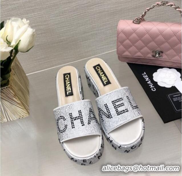 Stylish Chanel Crystals Allover Wedge Slide Sandals with Letters Silver 0423016