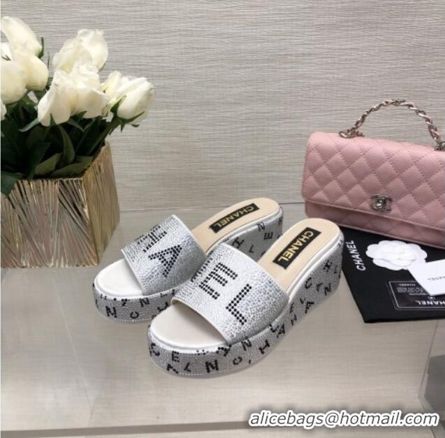 Stylish Chanel Crystals Allover Wedge Slide Sandals with Letters Silver 0423016