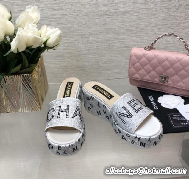 Stylish Chanel Crystals Allover Wedge Slide Sandals with Letters Silver 0423016