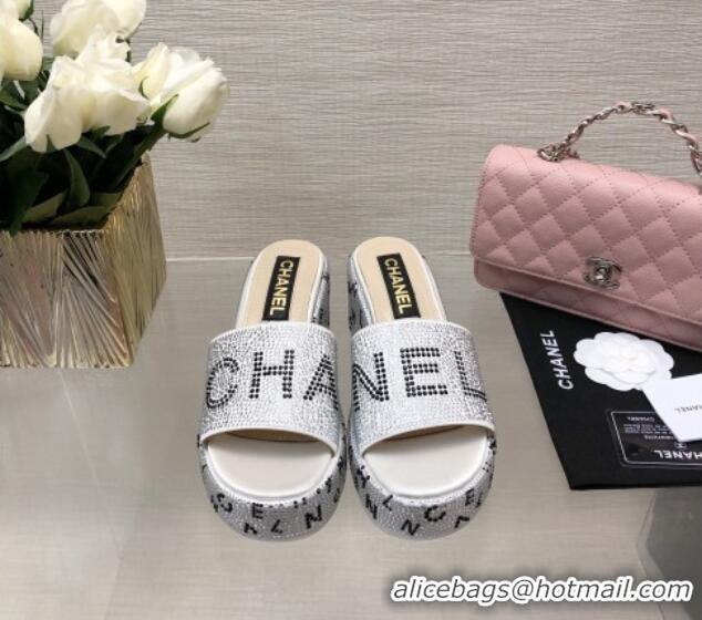 Stylish Chanel Crystals Allover Wedge Slide Sandals with Letters Silver 0423016