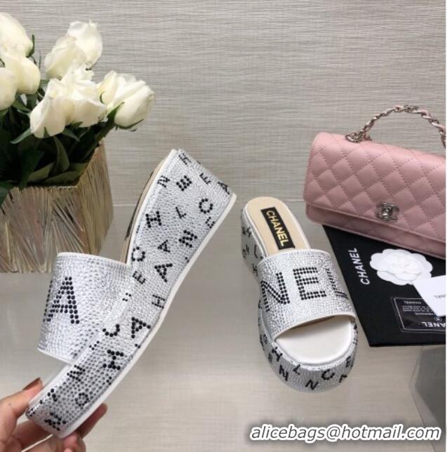 Stylish Chanel Crystals Allover Wedge Slide Sandals with Letters Silver 0423016