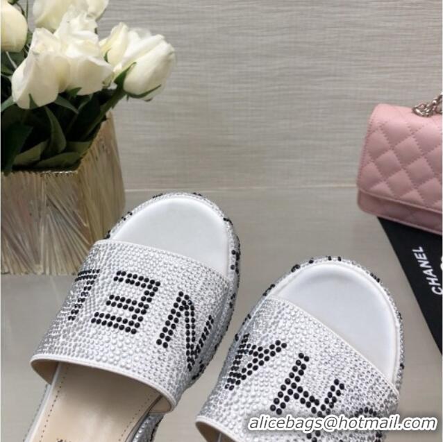 Stylish Chanel Crystals Allover Wedge Slide Sandals with Letters Silver 0423016