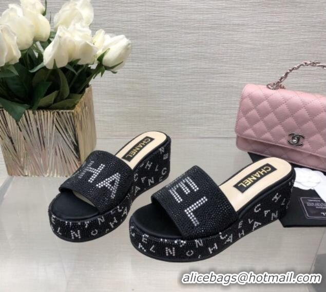 Best Grade Chanel Crystals Allover Wedge Slide Sandals with Letters Black 423017