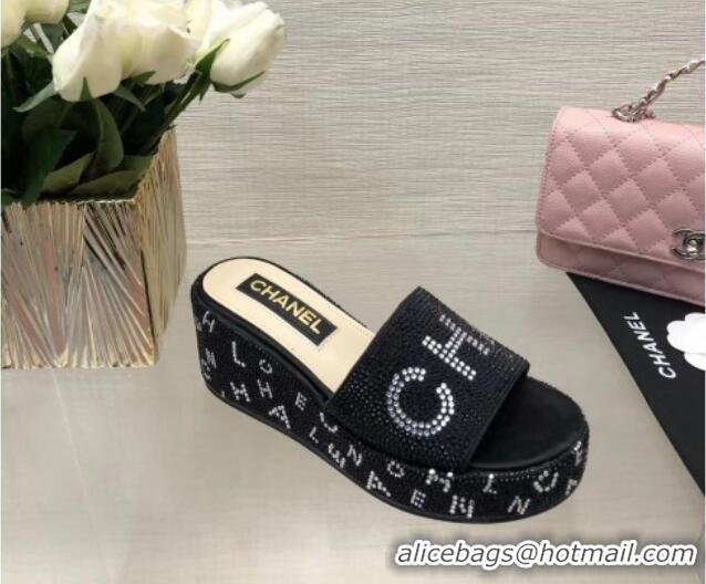 Best Grade Chanel Crystals Allover Wedge Slide Sandals with Letters Black 423017