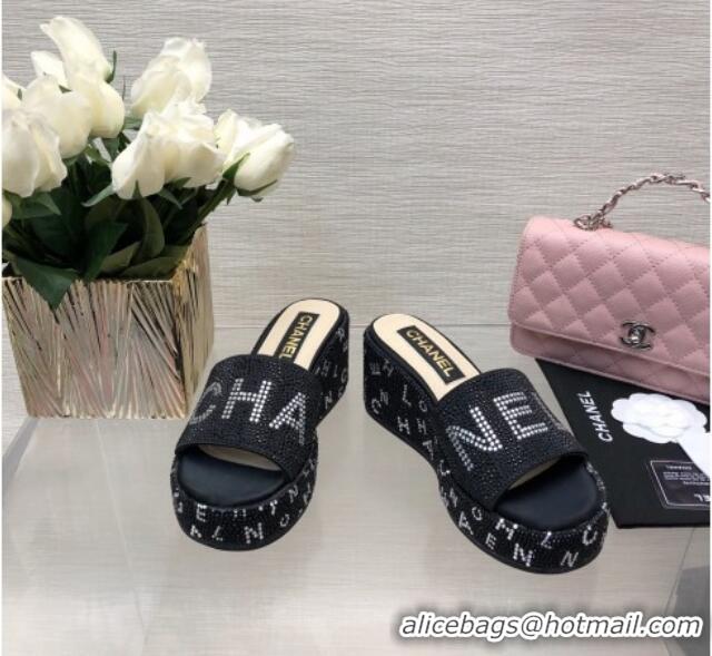 Best Grade Chanel Crystals Allover Wedge Slide Sandals with Letters Black 423017