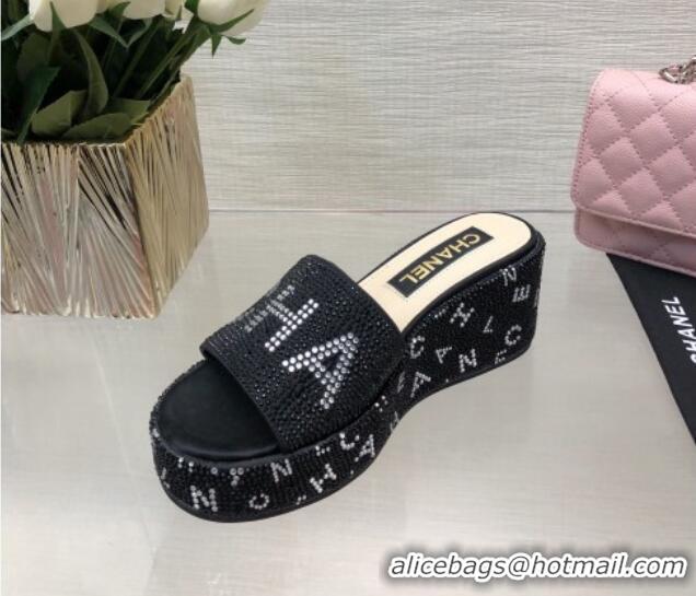 Best Grade Chanel Crystals Allover Wedge Slide Sandals with Letters Black 423017