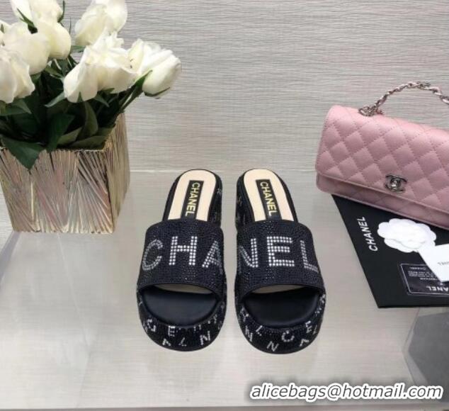 Best Grade Chanel Crystals Allover Wedge Slide Sandals with Letters Black 423017